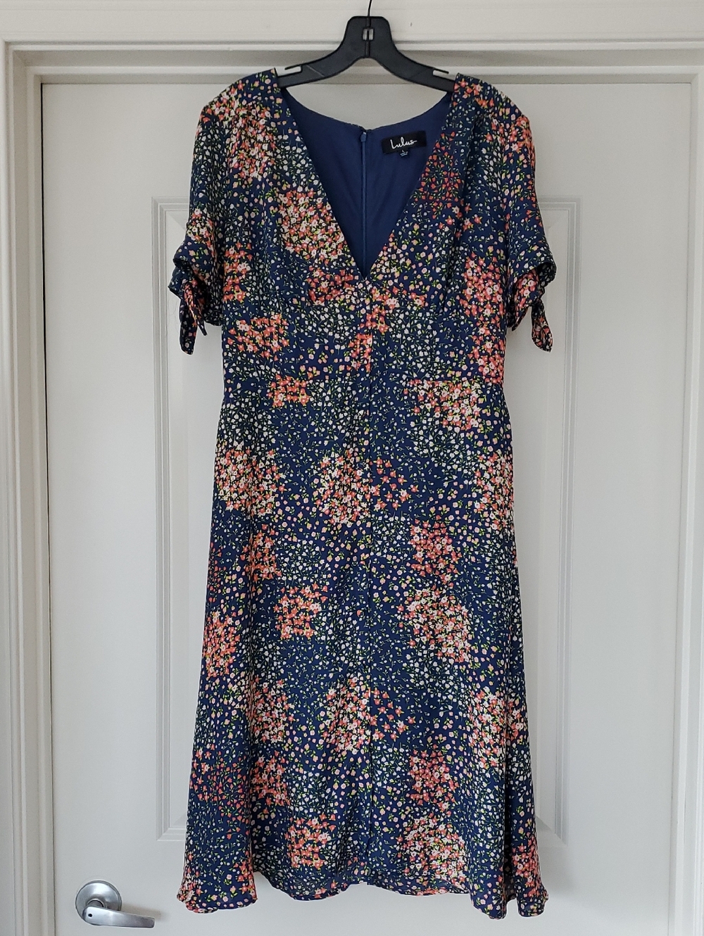 Lulu's Navy Floral Tie-Sleeve V-Neck Midi Dress